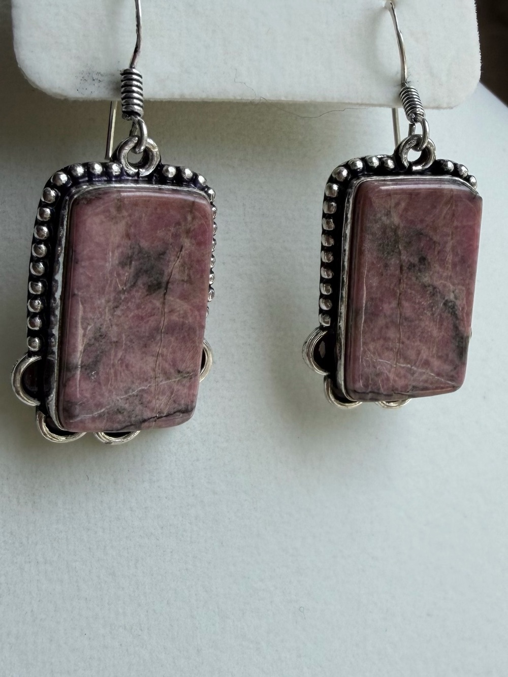 925 Sterling Silver Rhodonite Earrings Rectangle Gemstone Dangle Drop